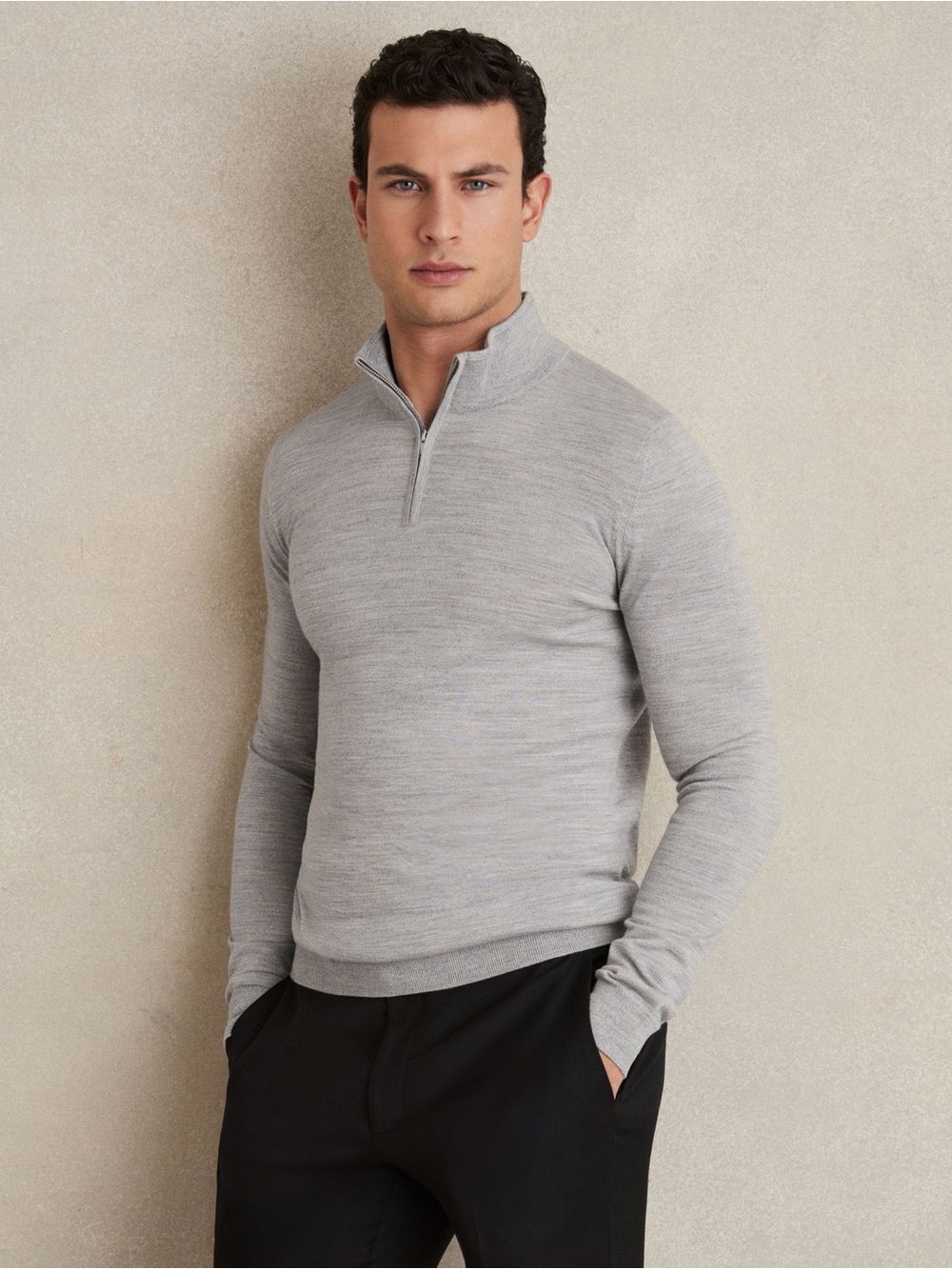 Reiss Light Gray Half-Zip Merino Sweater